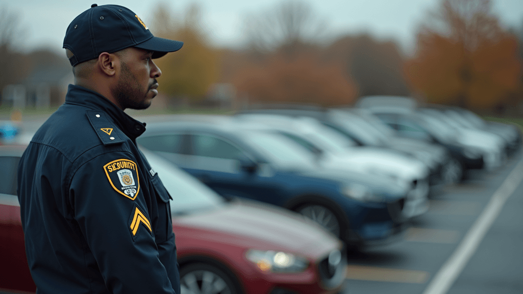 A vigilant security officer ensuring safety in a parking lot